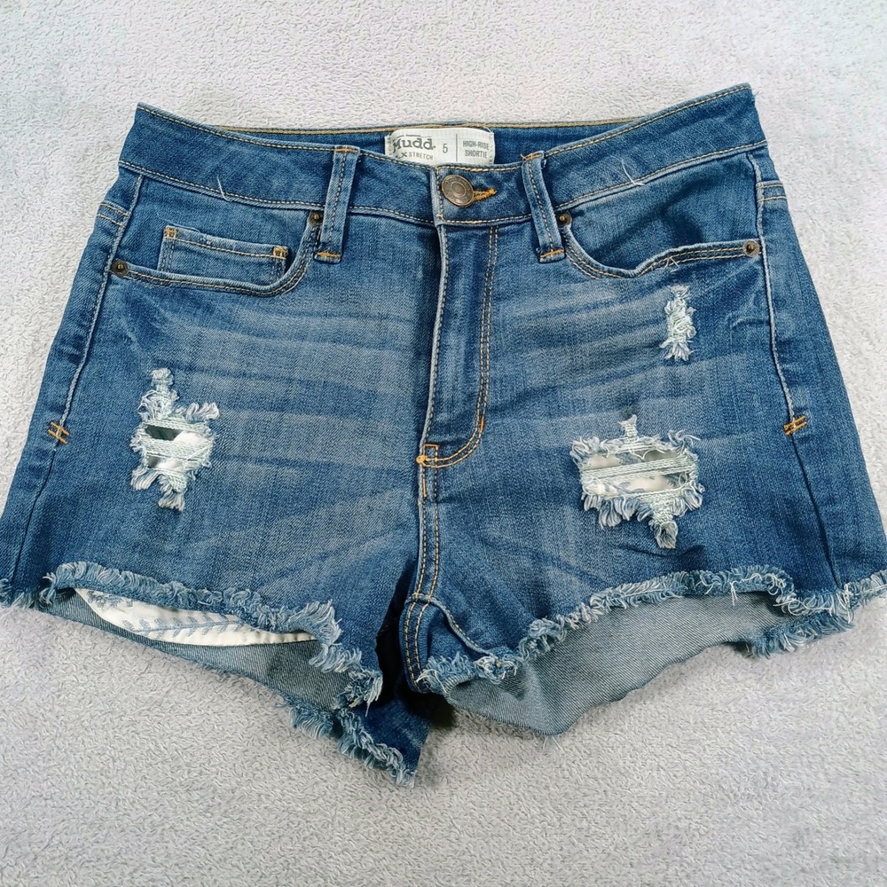 Mudd Womens High-Rise Shortie Blue 5 Distressed Frayed Denim Shorts